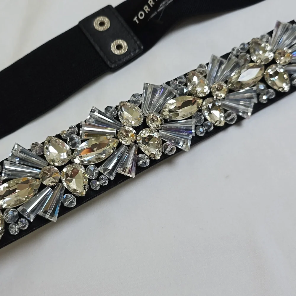 torrid Black Embellished Stretch Waist Belt with Clear Crystal Accents